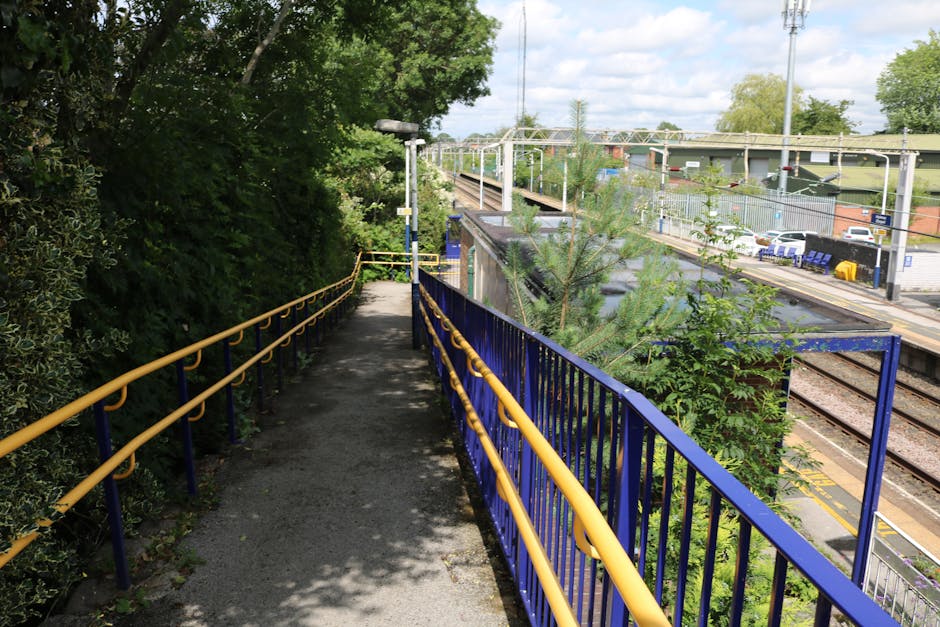 A narrow concrete pathway with yellow handrails on the left and blue railings on the right, situated beside a railway track with an overhead electric line system, green foliage and trees on the left s